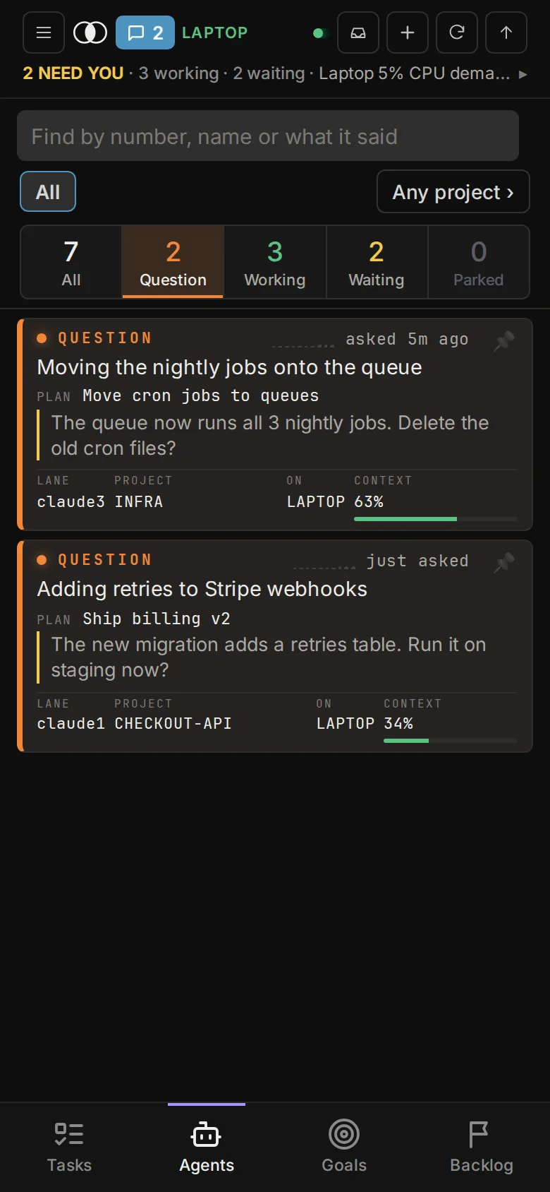 Two sample agents waiting on an answer: one asking to run a migration on staging, one asking to delete old cron files